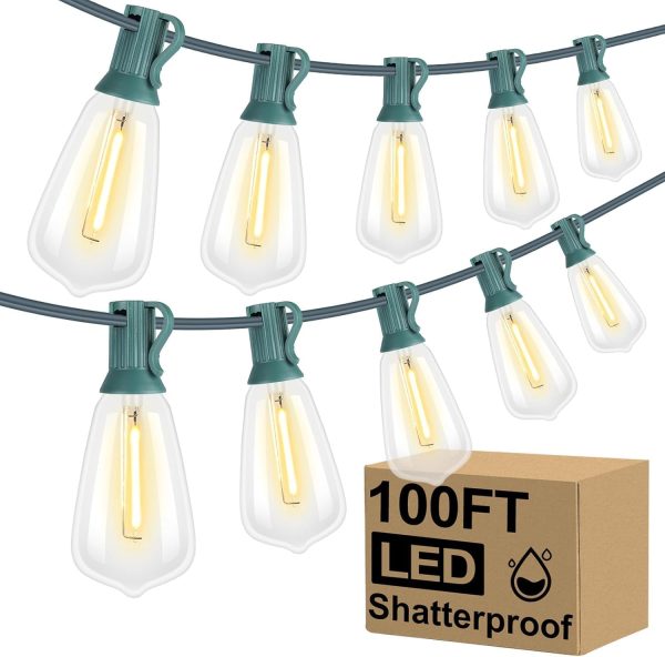 LED Outdoor String Lights 100FT with 52 Shatterproof ST38 Vintage Edison Bulbs, Outside Hanging Lights Waterproof for Patio, Porch, Deck, Garden, Backyard, Balcony, Green Wire
