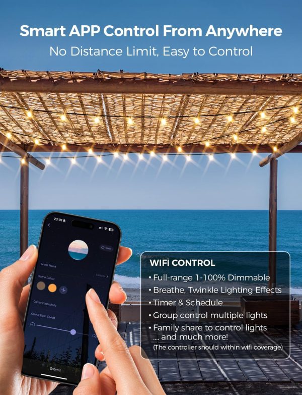 Outdoor String Lights, Smart Patio Lights 100Ft Dimmable Outdoor Lights Warm White, 50 G40 LED Bulbs, WiFi String Lights for Outside, Work with Alexa, APP Control, Waterproof Extendable - Image 2