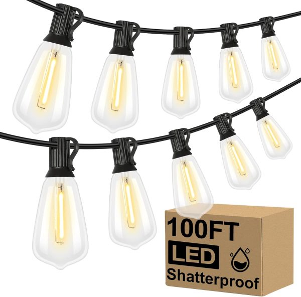 LED Outdoor String Lights 100FT Patio Lights with 52 Shatterproof ST38 Vintage Edison Bulbs, Outside Hanging Light Waterproof for Porch, Deck, Garden, Backyard, Balcony, Dimmable 2700K