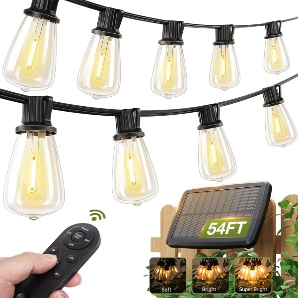 54(48+6) FT Solar String Lights Waterproof,Patio Lights Solar Powered with Remote & USB Port 15+1 LED Shatterproof Bulbs 3 Light Modes, Dimmable Solar Light for Camping Backyard Garden