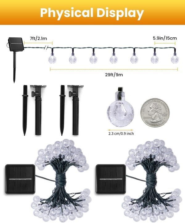 Solar String Lights Outdoor Waterproof, 2 Pack 60 LED 36.5 FT Each, Solar Powered Patio Lights with 8 Lighting Modes for Garden Yard Porch Wedding Party Decor (Warm White) - Image 2