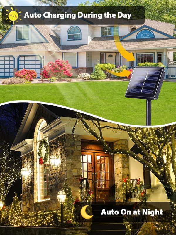 2 Pack 200 LED Solar String Lights for Outside, Solar Christmas Lights Outdoor Waterproof, Solar Outdoor String Light with 8 Lighting Modes for Xmas Tree Wedding Party Garden Decorations (Warm White) - Image 2