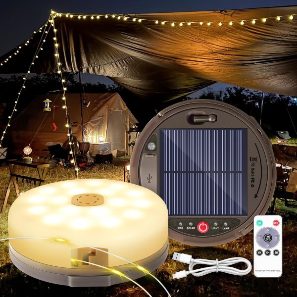 Camping String Light 4 in 1 Retractable 42ft Solar /USB Rechargeable 3600mAh Waterproof Hanging Outdoor Camping Lantern with 8 Lighting Modes, Portable Tent Lights for Hiking, Yard, RV (Warm Light) - Image 2